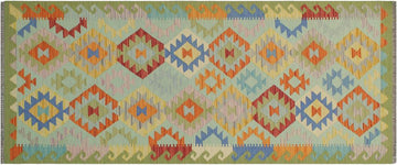 Flat Weave Kilim, Antique, Navaho, Vintage, Handmade, Geometric Kilim Blue Green Hand-Woven Runner 100% Wool Area Rug 3 x 7